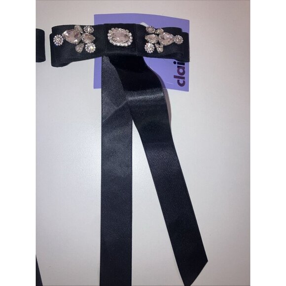 Icing 2 Piece Black Rhinestone Studded Satin Long Tail Hair Bow Clip - Picture 2 of 3
